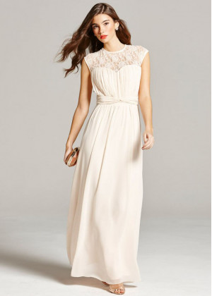 Light Champagne Chiffon Lace Cap Sleeves Long Prom Dress 